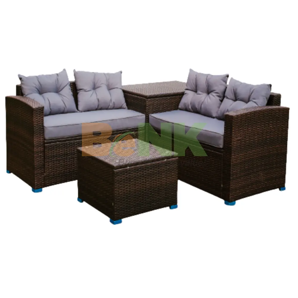 BENK-Conjunto de sofá de mimbre de estilo moderno, conjunto de sofá de mimbre de 4 plazas con caja de almacenamiento práctica/Allweather