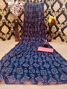 Sari pour femmes, dernière collection, design attrayant, coton et soie, imprimé floral, travail artisanal, blouse non cousue, couleur bleue, vêtements ethniques - Product Image 2