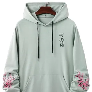 Men Floral And Japanese Letter Graphic Drawstring Unisex Women Hoodie Long Sleeve Printed Oversize Pullover Hoodies Wholesale