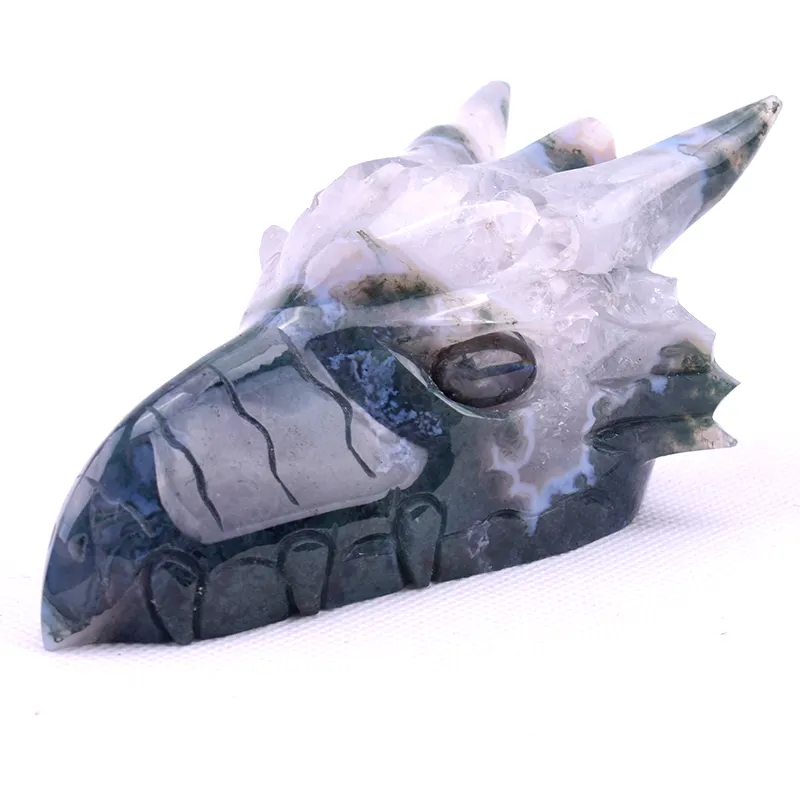 Alta calidad alta calidad cristal natural dragón cráneo de cristal de ágata de musgo de cabeza de dragón manualidades feng shui Decoración
