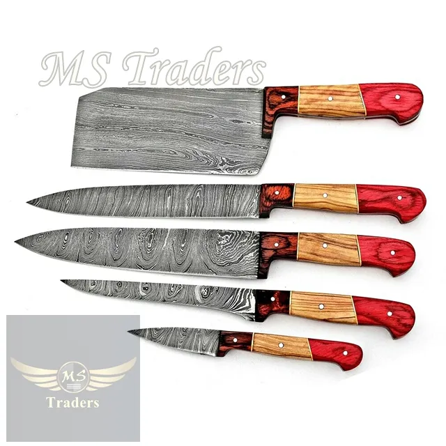 06 Pcs Custom Hand Made Damascus Steel Professional Utility Kitchen knives Set With leather Sheath Cover {MS-13}