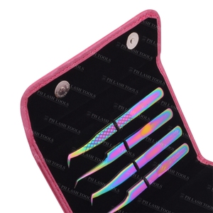 Funda de cuero PU con sujeción elástica para cuatro pinzas, con botón magnético, Etiqueta Privada, Kit de pinzas de extensión de pestañas de alta calidad - Product Image 2