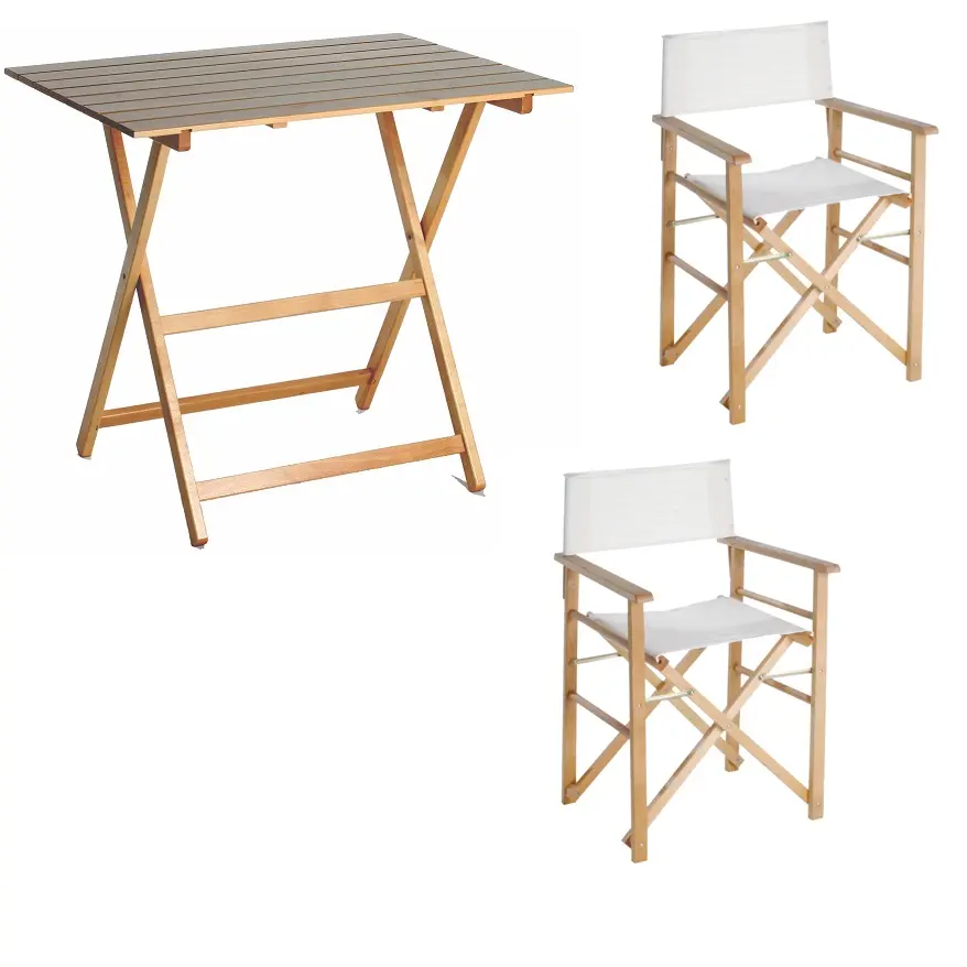 उच्च गुणवत्ता में किए गए इटली तह सेट टेबल cm 60x80 और ठोस बीच में 2 निदेशक-कुर्सियों लकड़ी इनडोर और आउटडोर उपयोग के लिए
