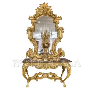 阿拉伯风格的额外豪华侧桌天然大理石顶镜24k黄金仿古手工雕花木制豪华控制台桌