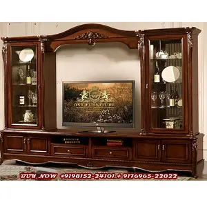 Traditional TV Wall Unit in Walnut Finish Antique Handcrafted TV Wall Unit Furniture Classic Baroque Style TV Unit Furniture