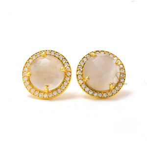 Pendientes de plata de ley 925 con Circonia cúbica para mujer, aretes de tuerca de cuarzo Monalisa blanco Natural chapado en oro de 18k, para boda, proveedores al por mayor - Product Image 2