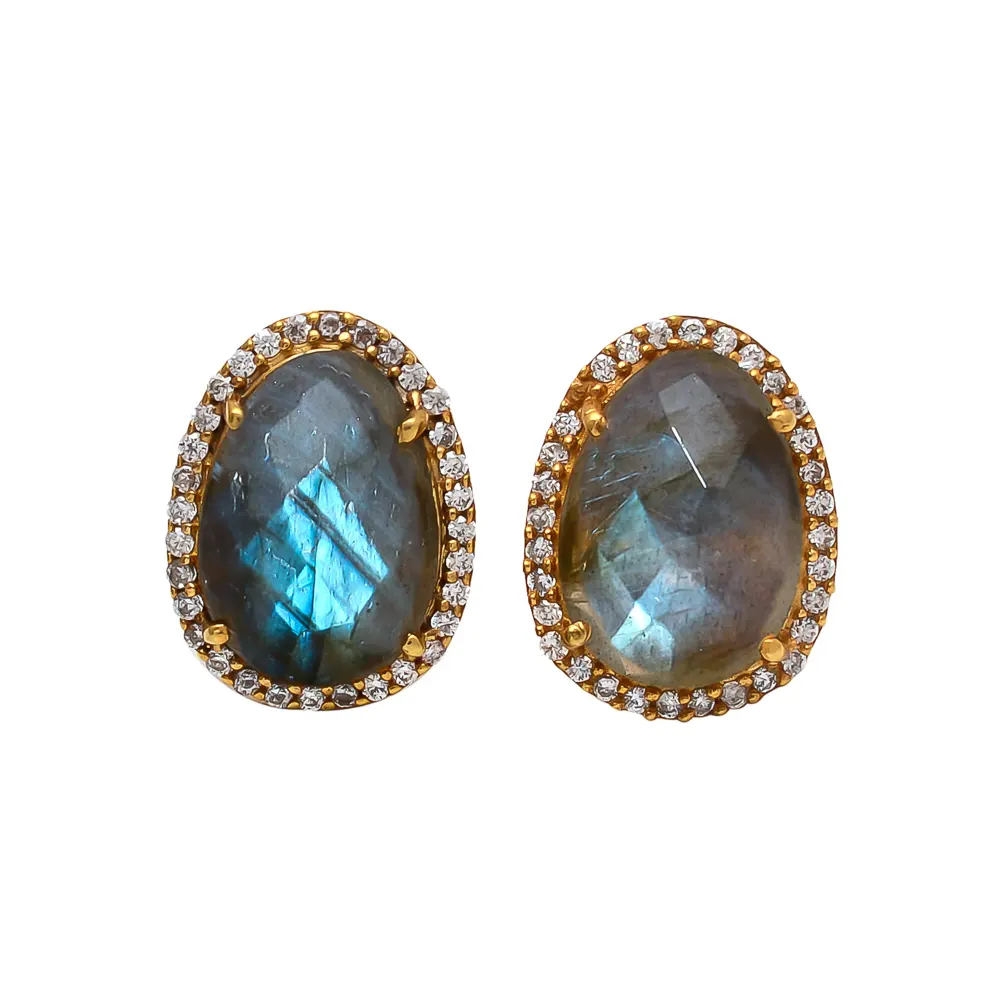 Bông Tai Đẹp Tự Nhiên Mạ Vàng CZ Labradorite & Trắng