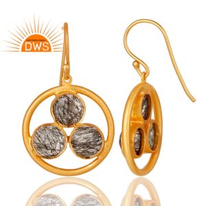 925เงิน18K Gold Plated วงกลม Dangle ต่างหูเครื่องประดับผู้ผลิตความงามสีดำ Rutile อัญมณีต่างหูเครื่องประดับ - Product Image 3