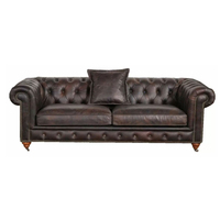 Élégant canapé sectionnel Chesterfield trois places bleu océan en cuir véritable avec housse amovible et roulettes pivotantes en bois pour salon