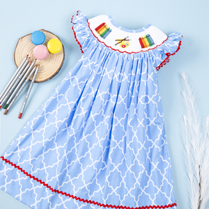 Robe smockée d'été pour filles, retour à l'école, 100% coton, coupe trapèze, maxi, OEM ODM, vêtements pour enfants en gros, BB1126 - Product Image 2