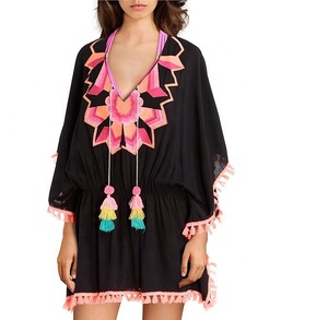 Caftán Bohemio Indio con Cuello en V, Manga Larga, Cómodo, Exquisito, Cintura Imperio, Dobladillo con Borlas, Alta Demanda, Bordado a Mano, Encaje, Rayón - Product Image 1