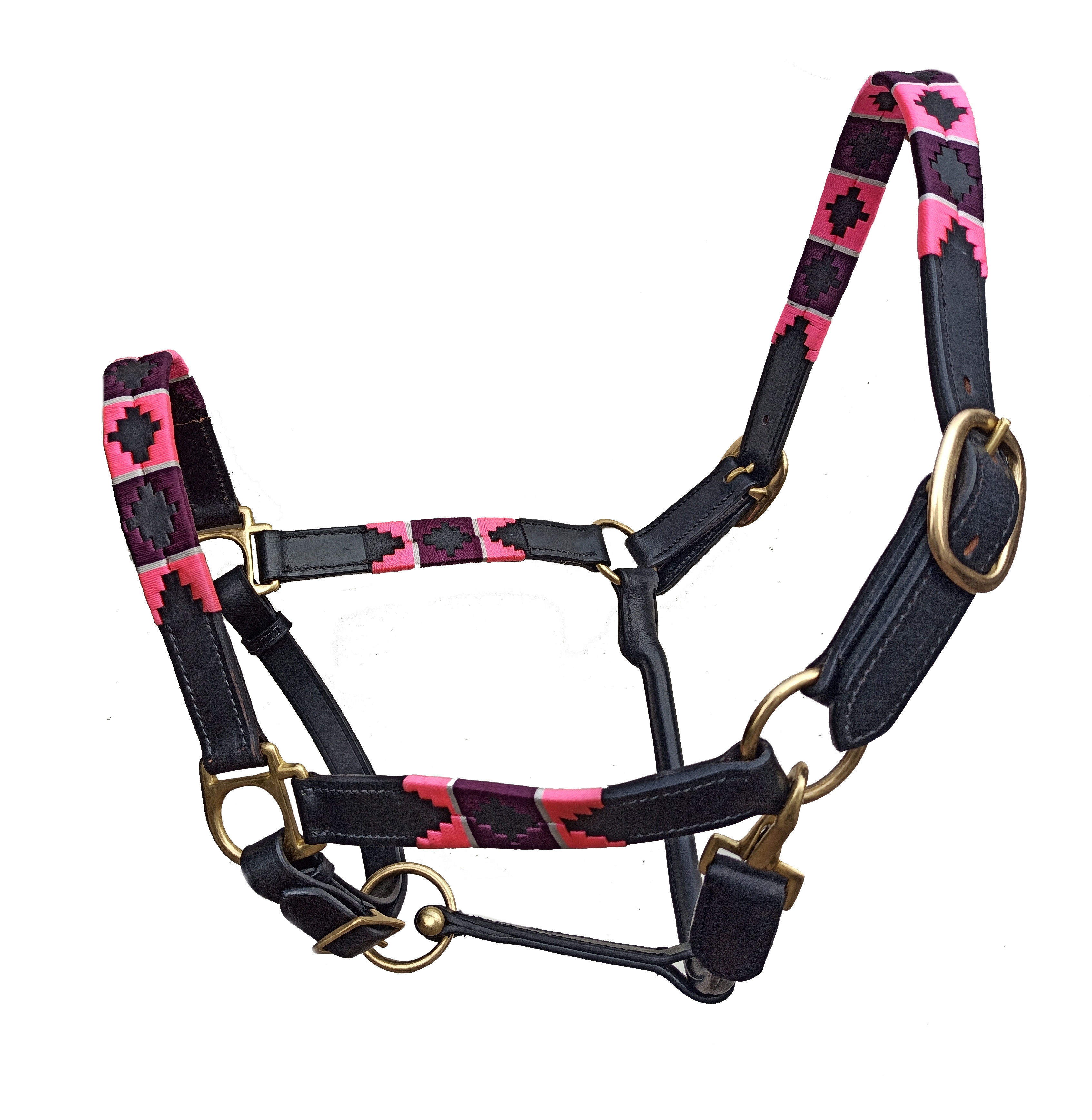 Halter de polo de caballo de cuero marrón genuino con proveedores de fabricantes de diseño trenzado de hilo Rosa + púrpura