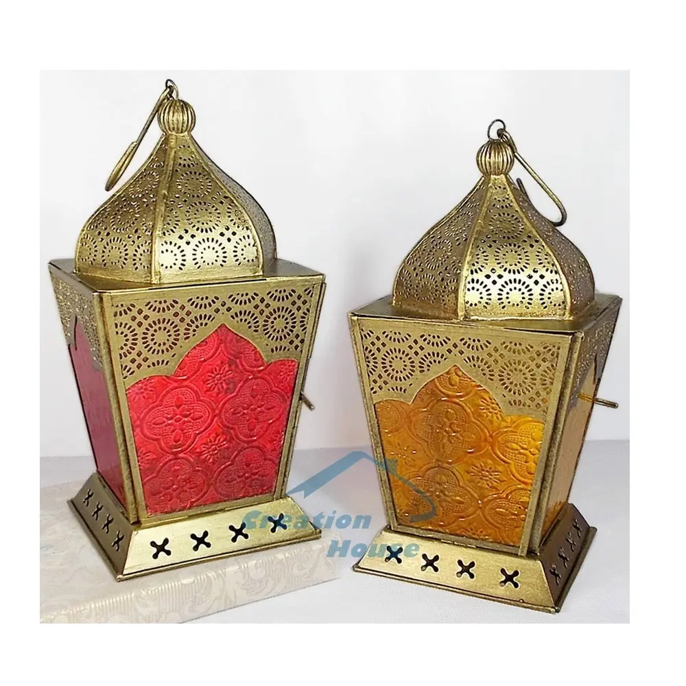 Latón antiguo marroquí, linterna de Metal de cristal de Color de oro, Ramadán faroles