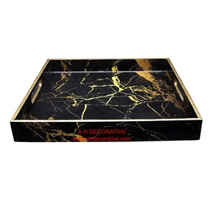 Bandejas de servicio de madera MDF para aperitivos y café, color negro, dorado, sombreado, con mango - Product Image 5