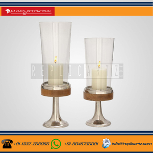 Elegant <b>Silver</b> Aluminum Wooden Candle Stand Set of 2 with Clear Glass and Tapered Candle Holder Decorative <b>Candlestick</b> Holder - Product Image 2
