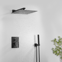 STOCCO Ensemble de douche de luxe noir mat encastré, avec pommeau de douche carré en laiton, douchette à main et bec de baignoire, pour projets hôteliers