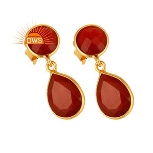 Boucle d'oreille en pierre précieuse Onyx rouge Dangle Designer Boucle d'oreille en argent plaqué or Fournisseur de bijoux - Product Image 2