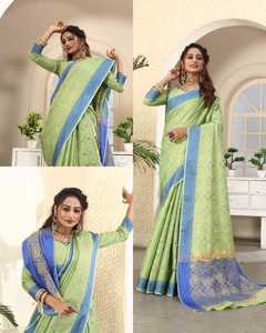 Blue <b>Pink</b> Golden Multi-Color Attractive Combination Soft Silk Banarasi Blouse Piece Saree Top with Modern Design for Wedding - Product Image 5