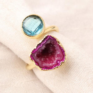 Wholesale High Quality Round Blue <b>Quartz</b> & Natural Geode Druzy Double Stone Adjustable <b>Ring</b> Gold Plated Statement Druzy <b>Rings</b> - Product Image 2