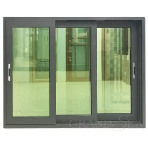 factory price tempered glazed aluminium frame three rail sand grey color sliding windows