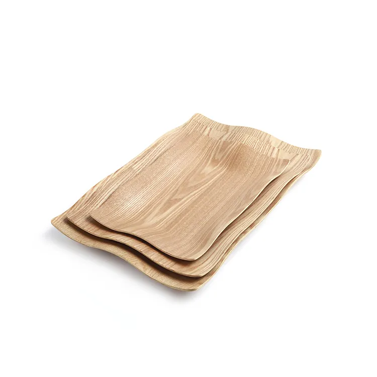 Wholesale Rectangle Irregular Wavy Bread Big Cater Bent Wooden Tray For Restaurant