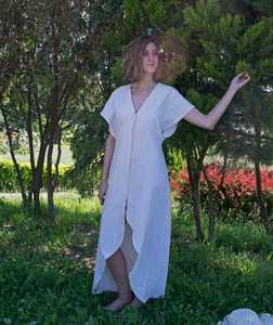 New arrival fashionable white color crepe v-neck lainar print half sleeve floor-length for <b>women</b> <b>linen</b> <b>dress</b> - Product Image 1