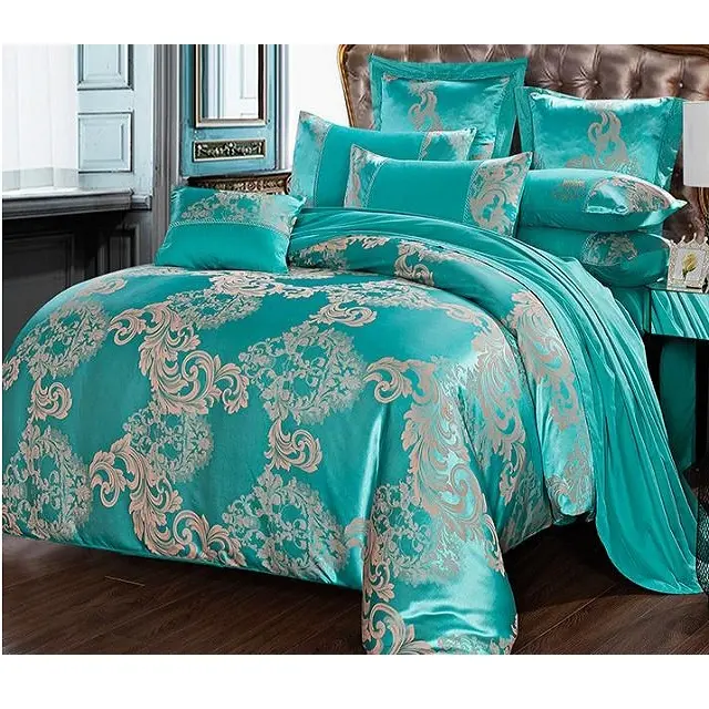 Parure de lit en satin Jacquard de couleur bleue, style hôtel de luxe