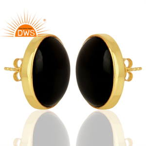 Black Onyx Round Bezel <b>Set</b> 925 <b>Sterling</b> <b>Silver</b> 14k Gold Plated <b>Stud</b> <b>Earring</b> Jewelry Supplier Classic Collection - Product Image 2