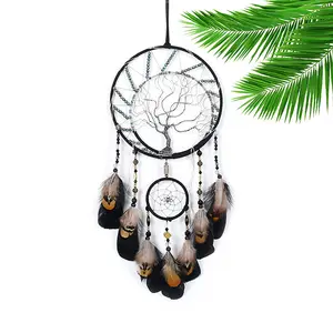 Photograph props Tree of life Wall decoration ornament handmade black feather Holiday gifts Colorful stone dreamcatcher
