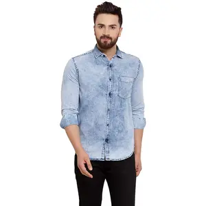 Yumuşak pamuklu Denim erkekler için en çok satan Denim gömlek mavi renk gündelik giyim Slim Fit tasarım