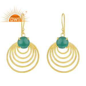 18k <b>Gold</b> Plated Silver Prong <b>Set</b> Designer Dangle Earrings Jewelry Wholesaler Natural Green Onyx Gemstone Dangle Earring Jewelry - Product Image 1