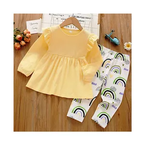 Bulk Stock Supplier Selling 100% Cotton Made Designer Two Piece Baby Girls Kids Peplum Top and Leggings Clothing Set Embellished