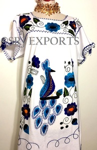<b>White</b> Boho Maxi <b>Dress</b> Hand Embroidered <b>Organza</b> Peacock Floral Pattern Short Sleeve Square Neck Loose Fit Breathable Casual - Product Image 3
