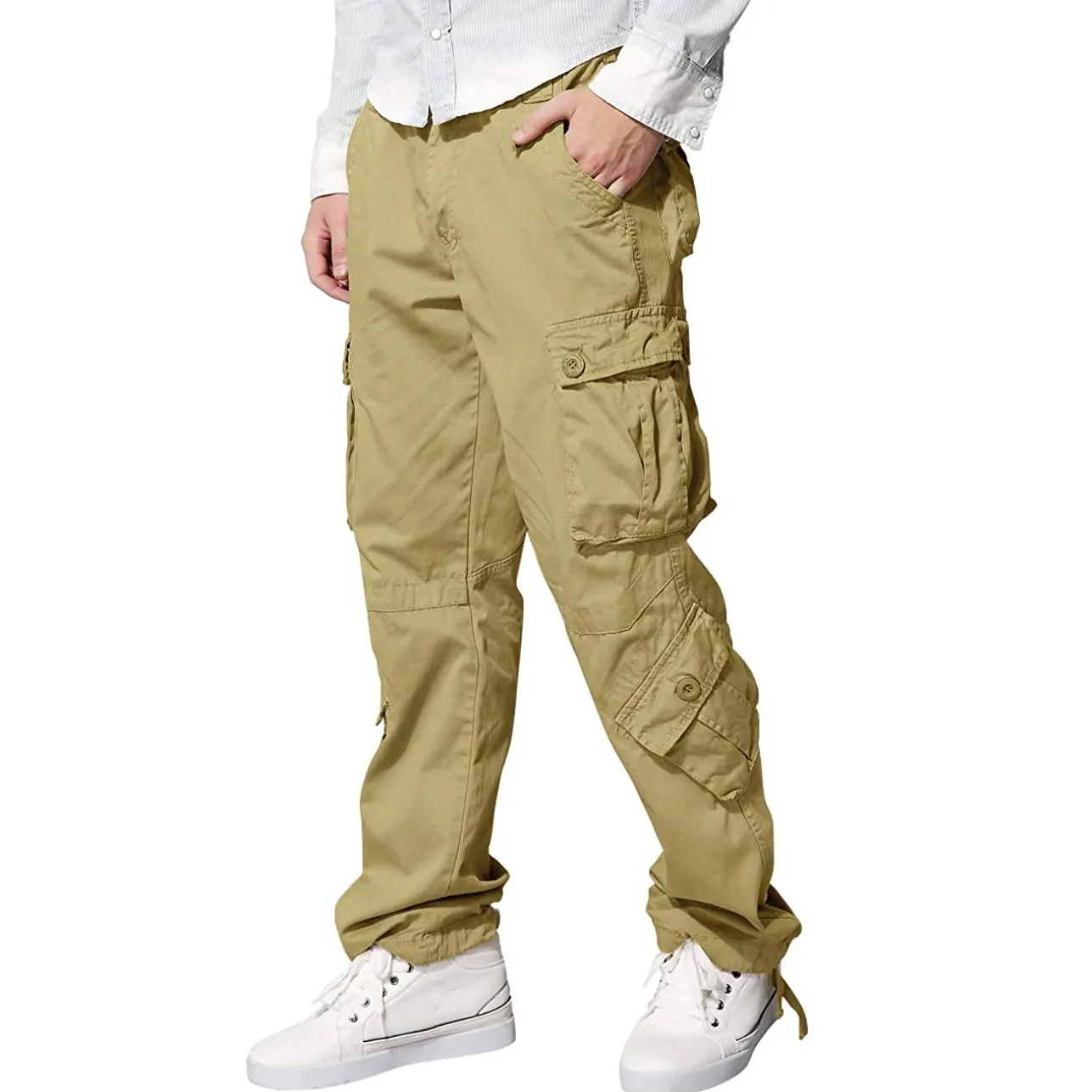 New Arrival Multi Pockets Wide Leg Cargo Pants Plain Elastic Waist Lightweight Breathable Trousers for Men
