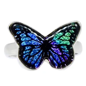 Butterfly Silver jewelry - Organic Rainbow Dichroic Fused Glass Gemstone Ring