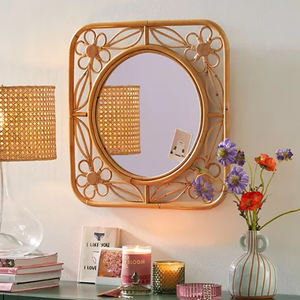 Vintage Style Woven <b>Square</b> Rattan Flower Pattern <b>Mirror</b> Home Decor Boho Rattan Wall Decor for Hotels and Restaurants - Product Image 2
