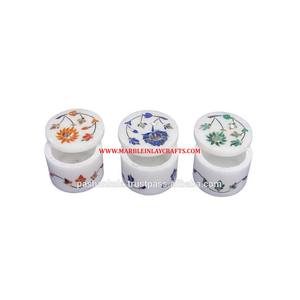 Gorgeous High Class White Marble With Varicolored Mother Of Pearl Flower Design Round Shape Inlay Pill <b>Boxes</b> For Gift Purpose - Product Image 1