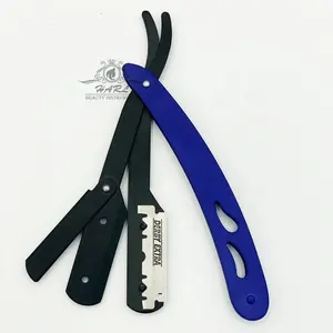 Single Blade Black color coated Straight Shaving razors with Blue color handle for Barber shop