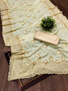 Modal Rich Look Indian Saree Chiffon Printed Work Embroidery Designers Women <b>Floor</b> Length Zama Blouse Ready to Party Wear Ethnic - Product Image 2