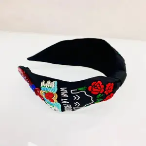 Luxurious Viva La Frida Hand Embroidered Roses and Heart Design Hair Accessories for Girls One Size Fit