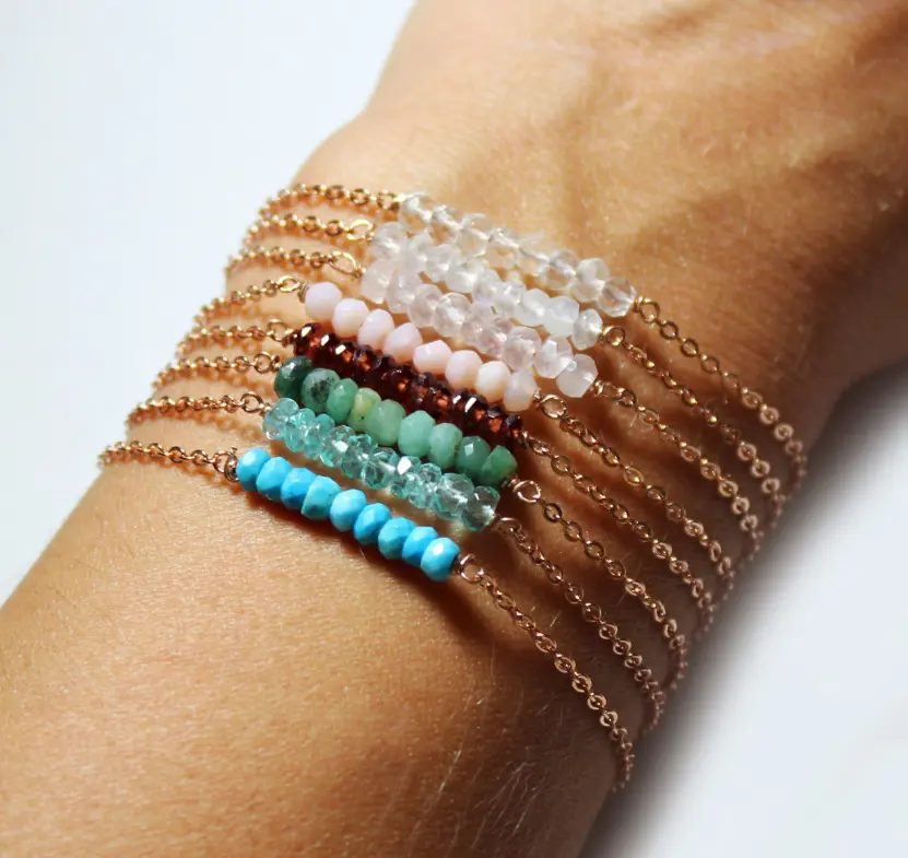 Natural Emerald Ruby Pearl Faceted Rondelle Gemstone Beads Bar Bracelet Stone Jewelry 925 Sterling Silver Birthstone Jewellery