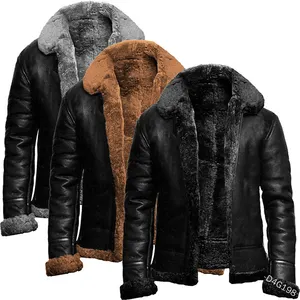 Men's Faux Fur PU Leather Jacket Heavyweight Thick Sherpa Lined Lapel Long Sleeve Zipper Up Jacket Overcoat Outwear