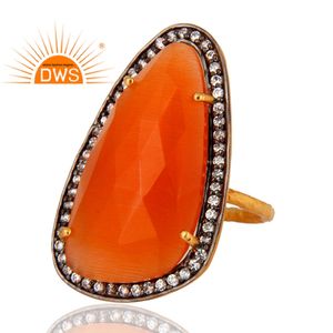 Peach Moonstone Ring Indian <b>Silver</b> Jewelry Supplier Hammered 18k Yellow Gold <b>Plated</b> 925 <b>Silver</b> Jewelry - Product Image 2