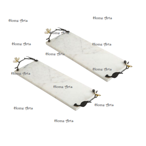 Plateau de service de nourriture en marbre de conception merveilleuse avec poignées de feuille plateau de café de thé de forme de rectangle fait à la main en Inde - Product Image 4
