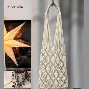 New Arrival Hand Knotted Large Macrame Breach Bags Shopping Beach Handmade Macrame Bags with Wooden Handle