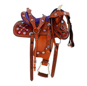 Selle de course de baril Western rembourrée pour cheval, couleur violet, avec ensemble complet d'accessoires, conchos roses, tailles 10" - 18" - Product Image 2