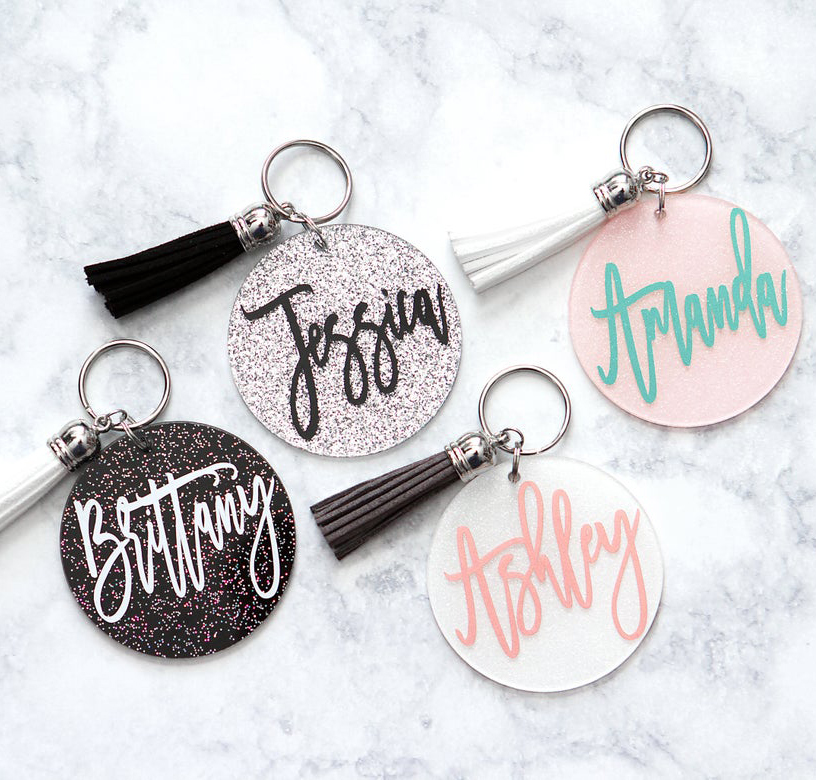 Personalized Name Glitter Monogram Blank Acrylic Keychains Key Chain with tassel