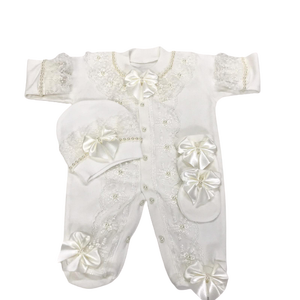 Conjunto de pelele personalizado de lujo para recién nacido, nuevo diseño, encaje blanco de alta calidad, primera clase, manga larga, bambú, Burbuja, venta al por mayor - Product Image 1