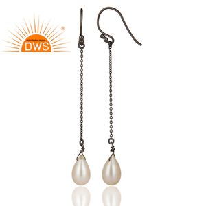 Natural <b>Pearl</b> Gemstone <b>Earrings</b> 925 Silver Jewelry Manufacturer Rhodium Plated Long Chain <b>Drop</b> <b>Earrings</b> Jewelry Wholesaler - Product Image 2