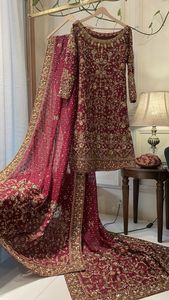 2022 Stunning Beautiful Indian/Pakistani Flared <b>Top</b> Lehenga Dress Embellished Dabka Zari Work Silk Cotton Material for Weddings - Product Image 2